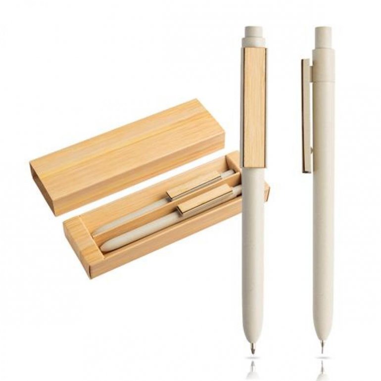 Conjunto de esferográfica e lapiseira em fibra de bambu